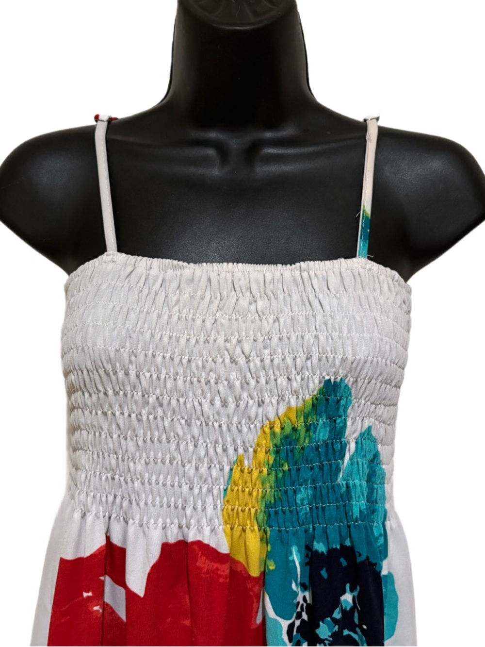 Swim Coverup / White Smocked Sundress with Large Red & Teal Floral Print❤️ - Picture 3 of 5